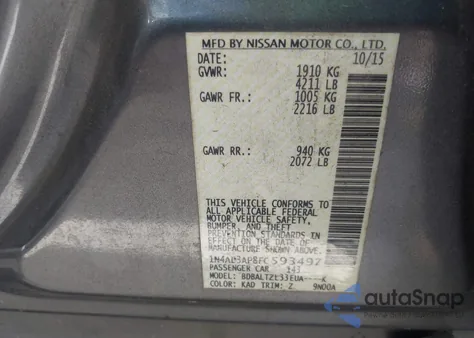 2015 Nissan Altima 2.5 Sl from USA, damaged, VIN 1N4AL3AP8FC593497